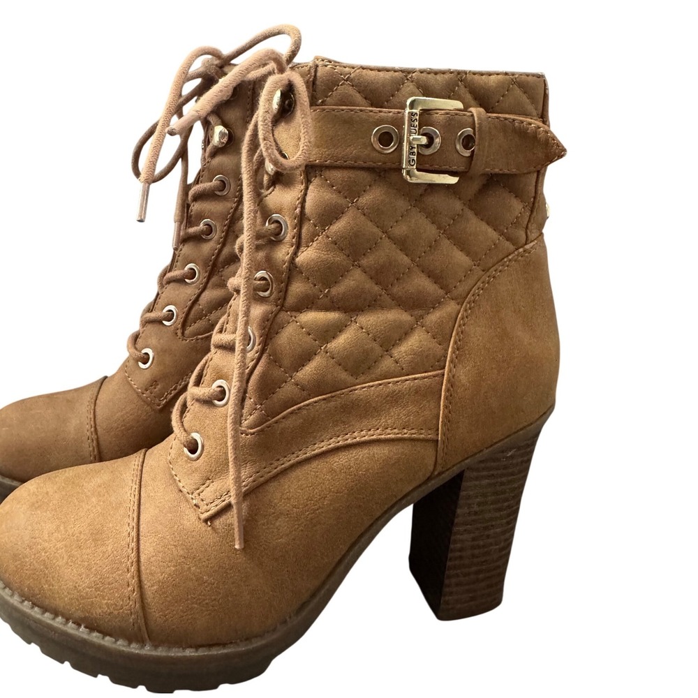 G by Guess Tan Quilted Heeled Boots Laced Up Zip Side Size 6M Hold Tone Hardware